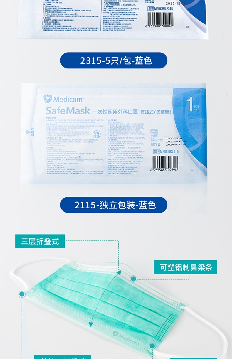 麥迪康2385無菌藍(lán)色一次性醫(yī)用外科口罩圖片6